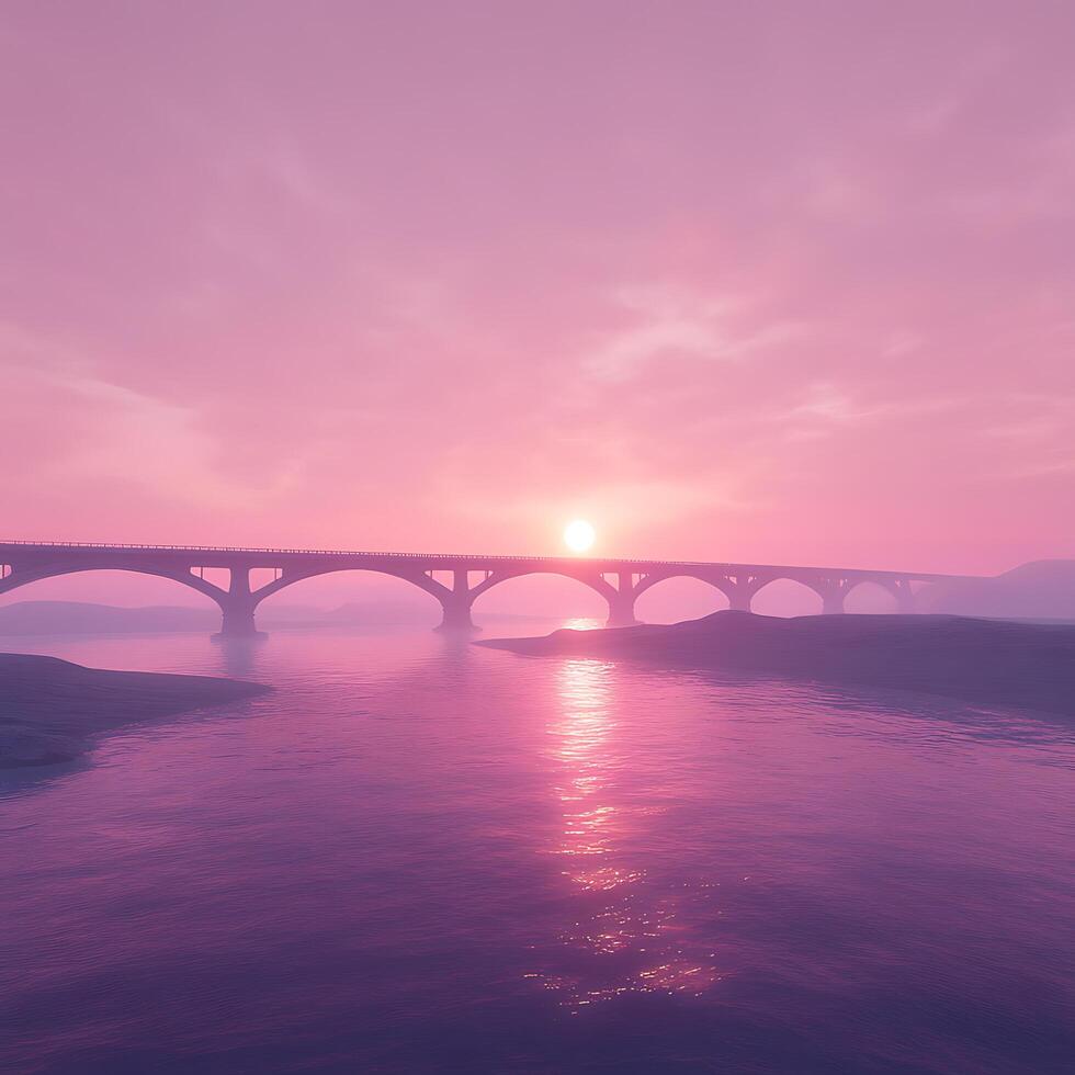 Serene Sunset Scene with Arched Bridge Over Calm Waters photo