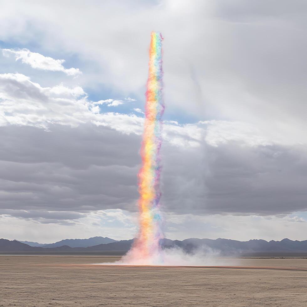 Vibrant Rainbow Smoke Vortex Rising From Desert in Cloudy Sky photo