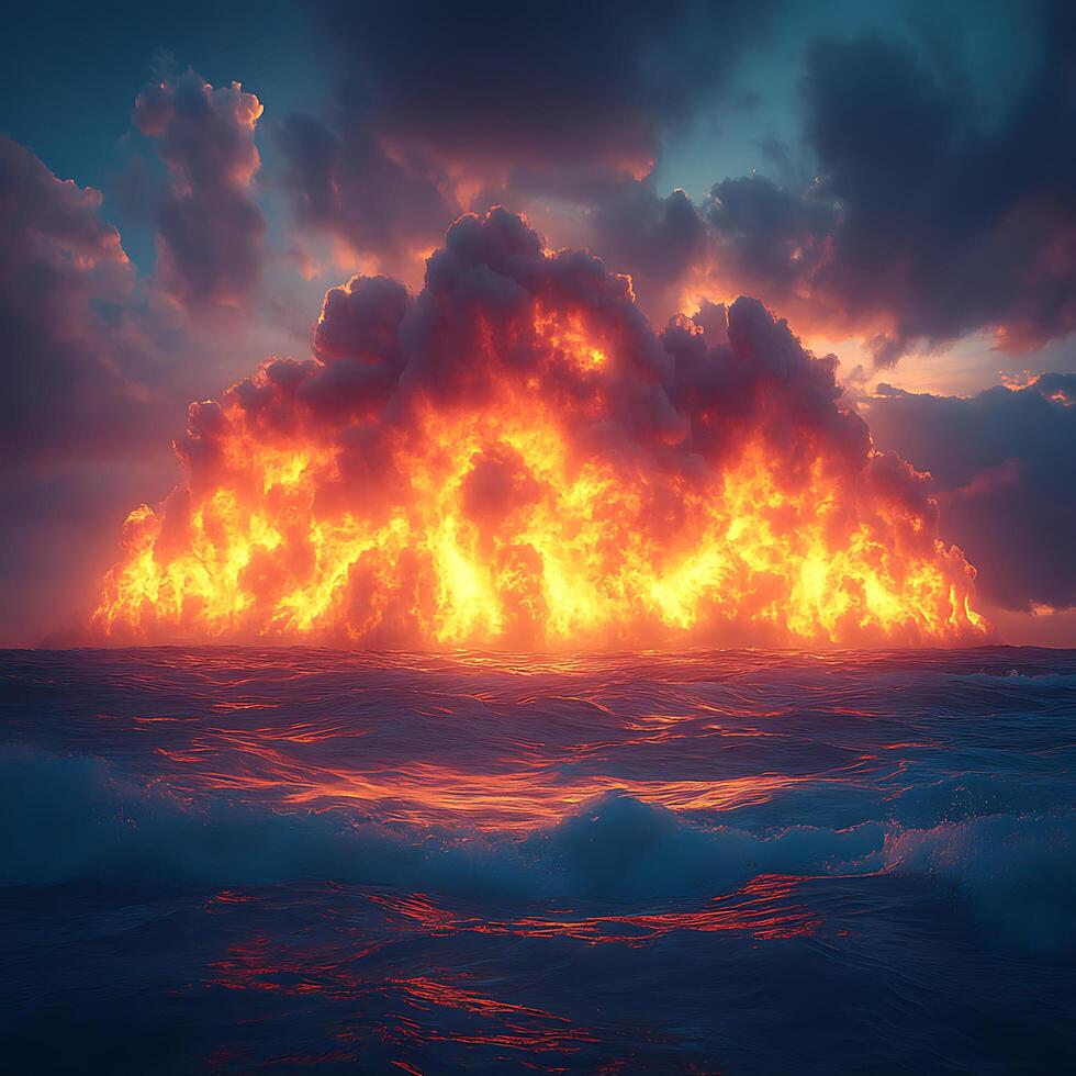 Vivid Fiery Explosion with Reflective Waves at Sea Under Dramatic Skies photo