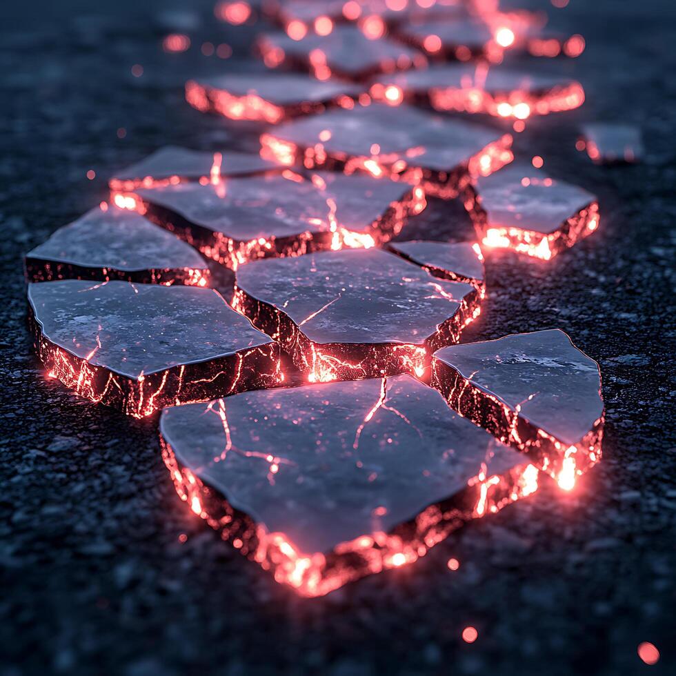 Glowing Fractured Surface Resembling Lava Cracks in Dark Scenery photo