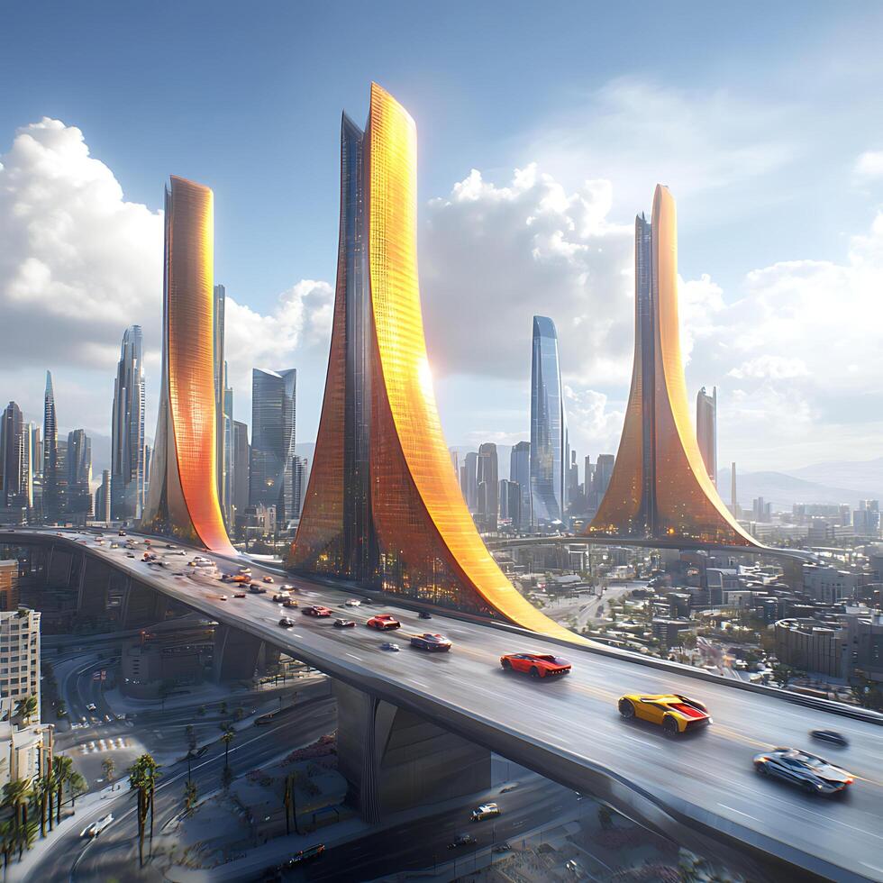 Modern Futuristic City With Illuminated Skyscrapers and Advanced Highways photo