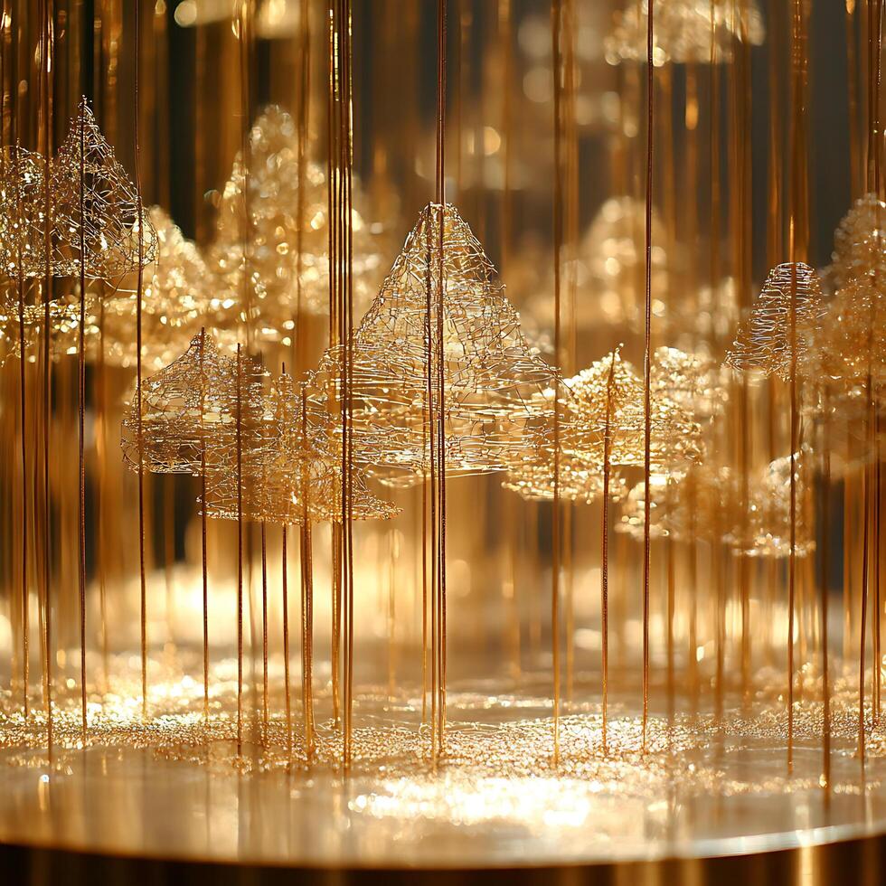 Golden Abstract Art Featuring Metallic Forest-Like Structures and Vertical Lines photo