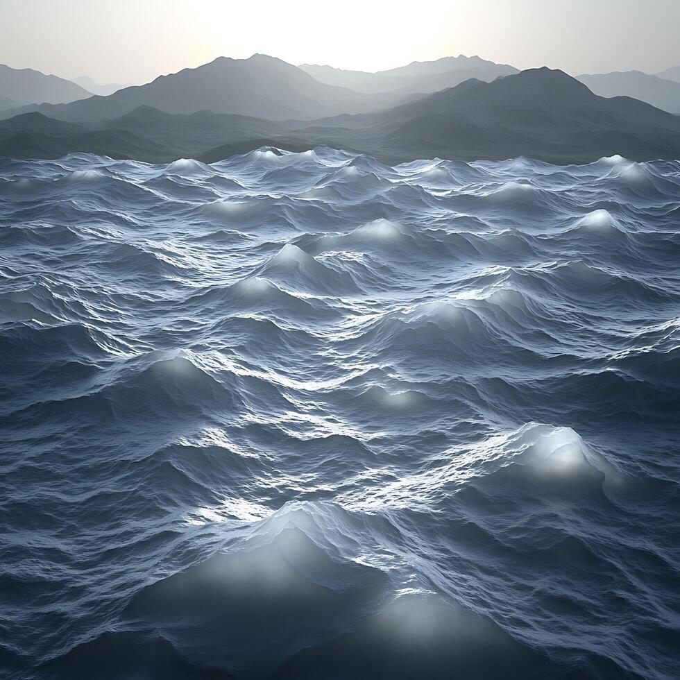 Serene Ocean Waves with Mountains in Morning Light photo
