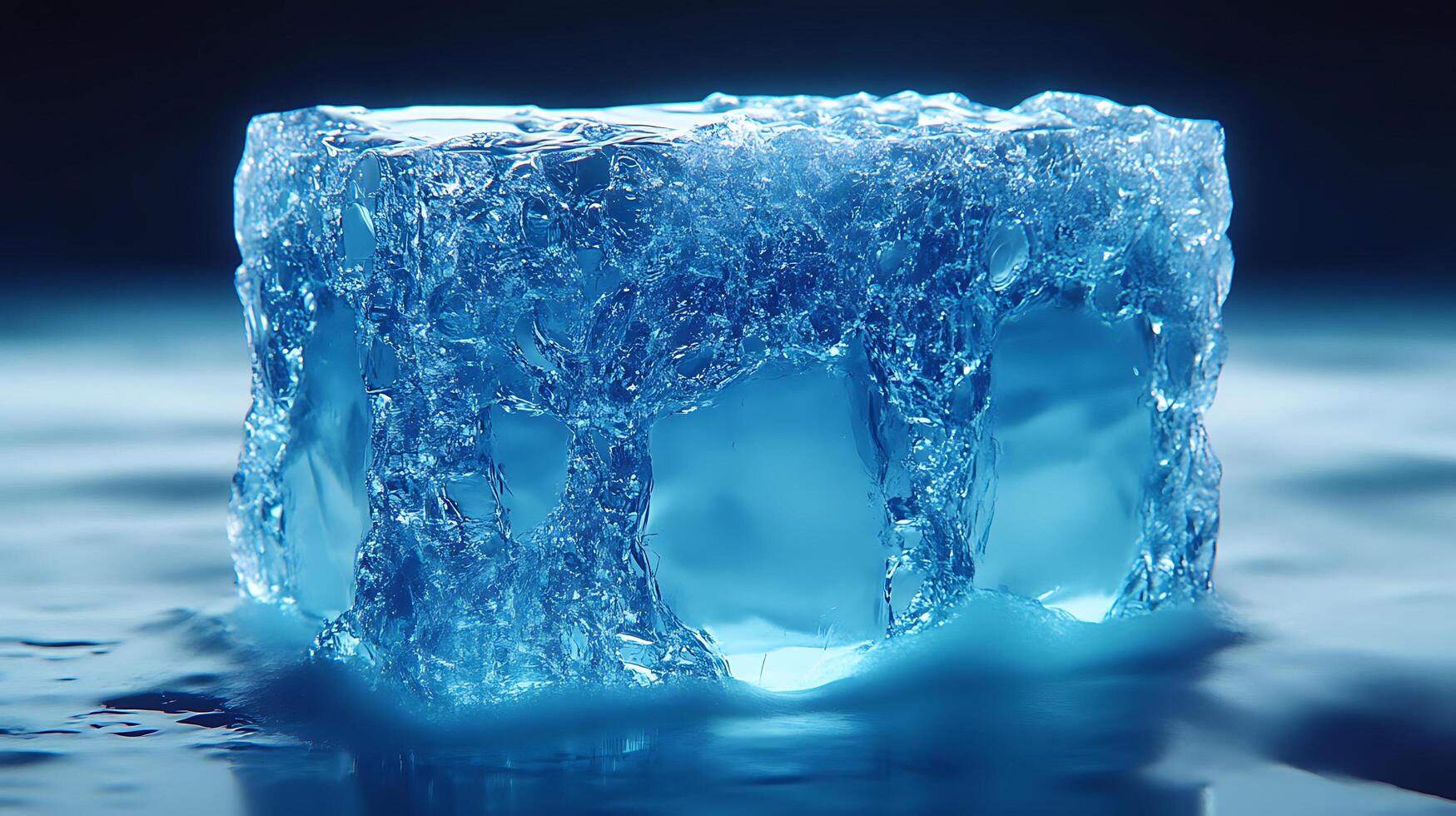 Close-Up of a Blue Ice Cube Melting on a Smooth Surface photo