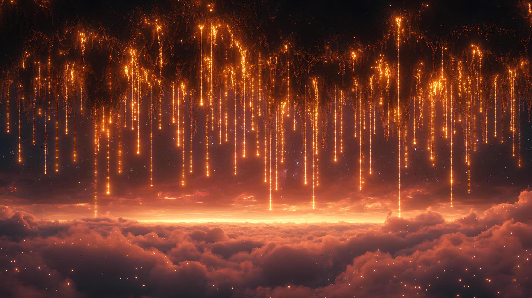 Elegant Dripping Lights Over Ethereal Clouds at Sunset Horizon photo