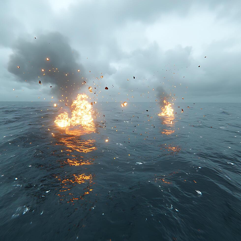 Dramatic Explosion Amidst Stormy Seas Under A Cloudy Sky photo
