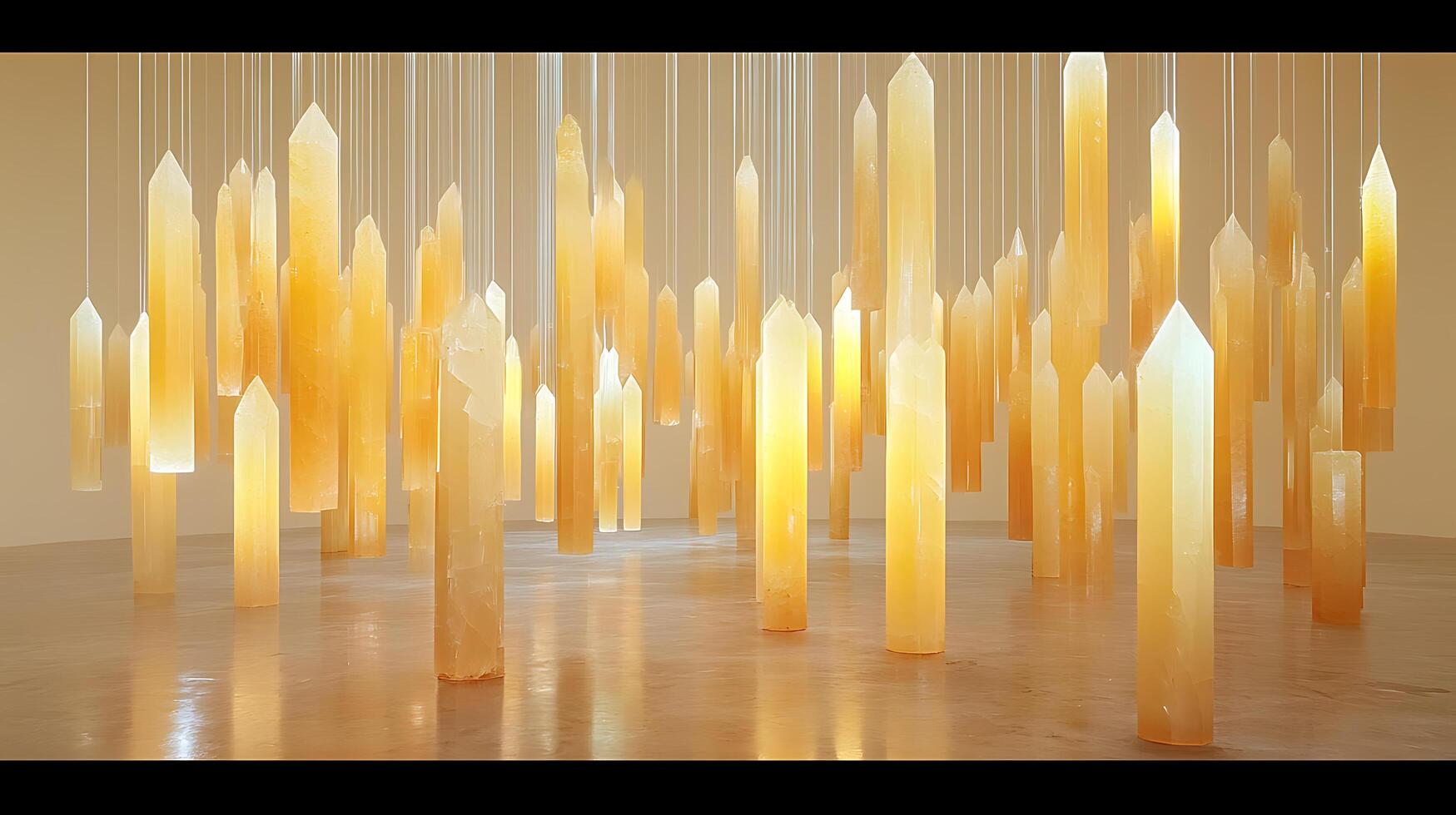 Artistic Installation of Suspended Glowing Crystal-like Forms in Warm Light photo