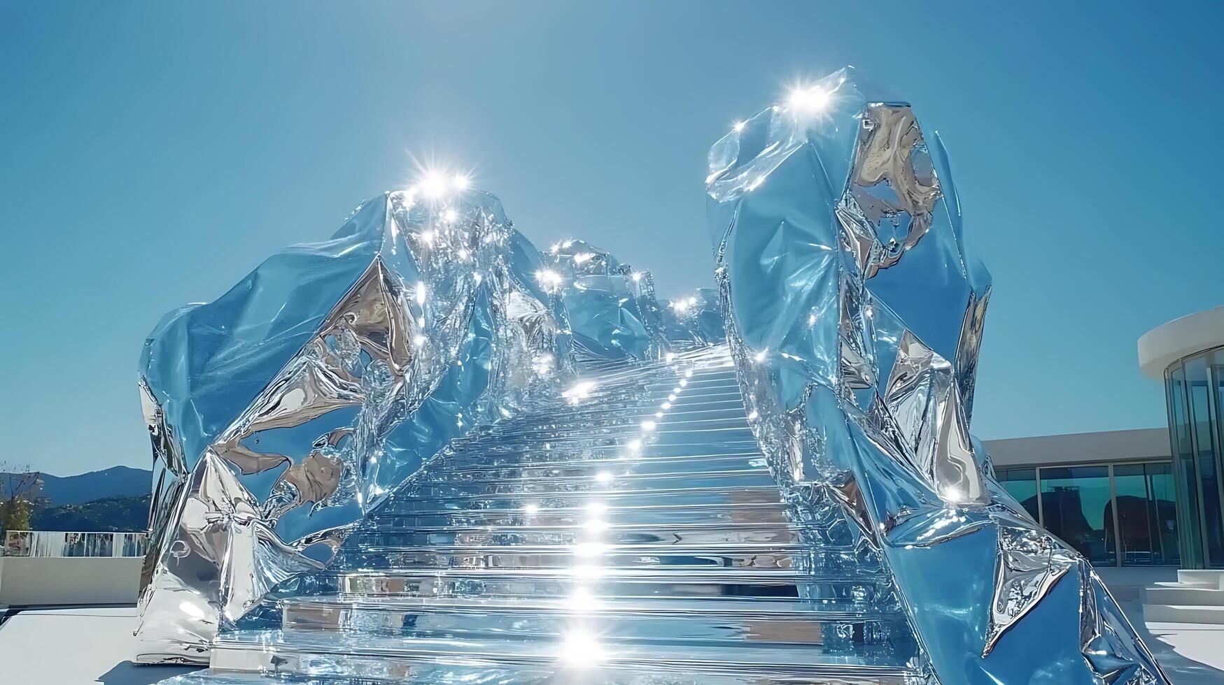 Modern Artistic Staircase Reflecting Light Under Clear Blue Skies photo