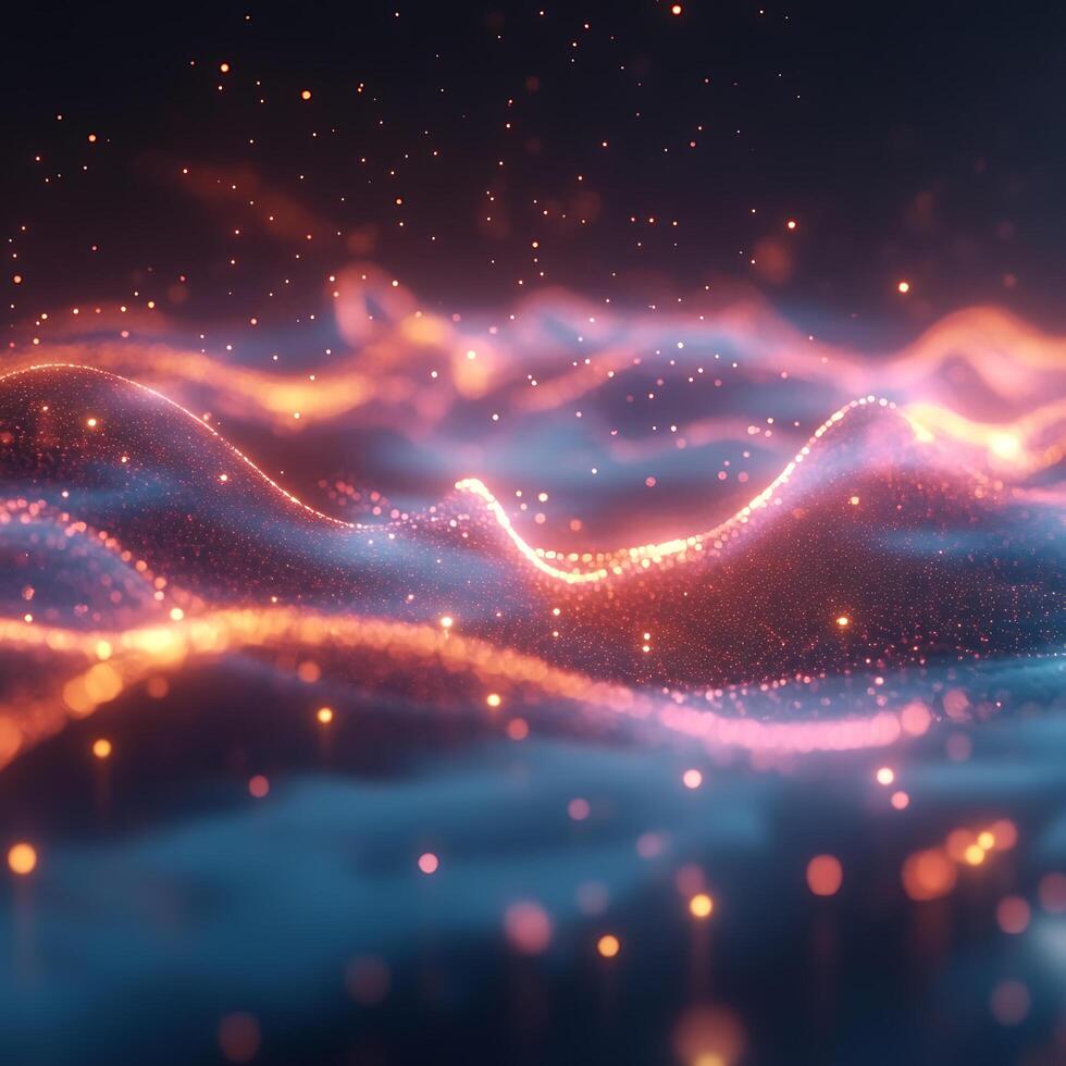 Abstract Neon Particles Forming Shimmering Waves in Vibrant Glow photo