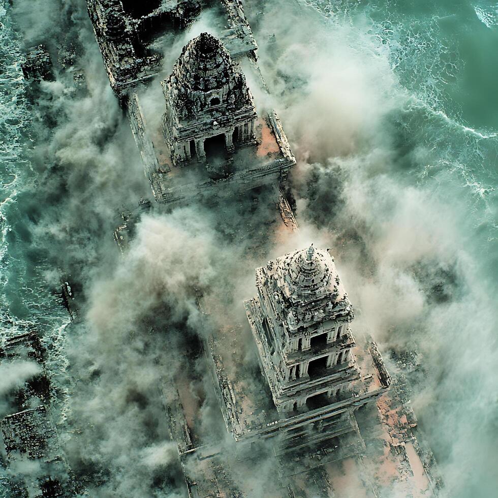 Submerged Ancient Temples Amidst Ocean Waves in a Dramatic Scene photo