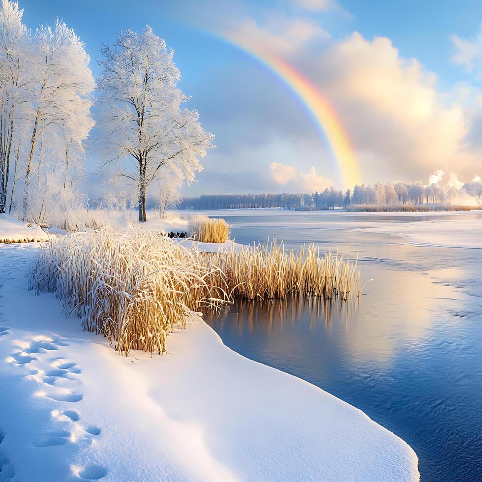 Serene Snowy Landscape with Rainbow Over Frozen Lake and Frosty Trees photo