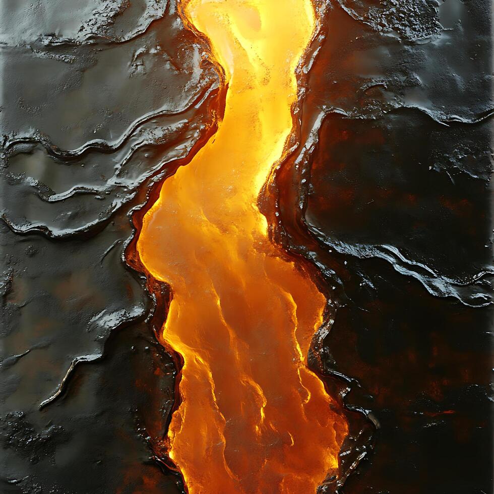 Molten Lava Flow Over Solidified Rock With Intense Glowing Heat Contrast photo