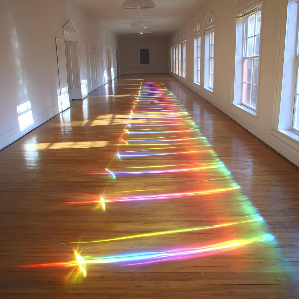 Sunlit Interior Space with Colorful Rainbow Reflections on Wooden Floorboards photo