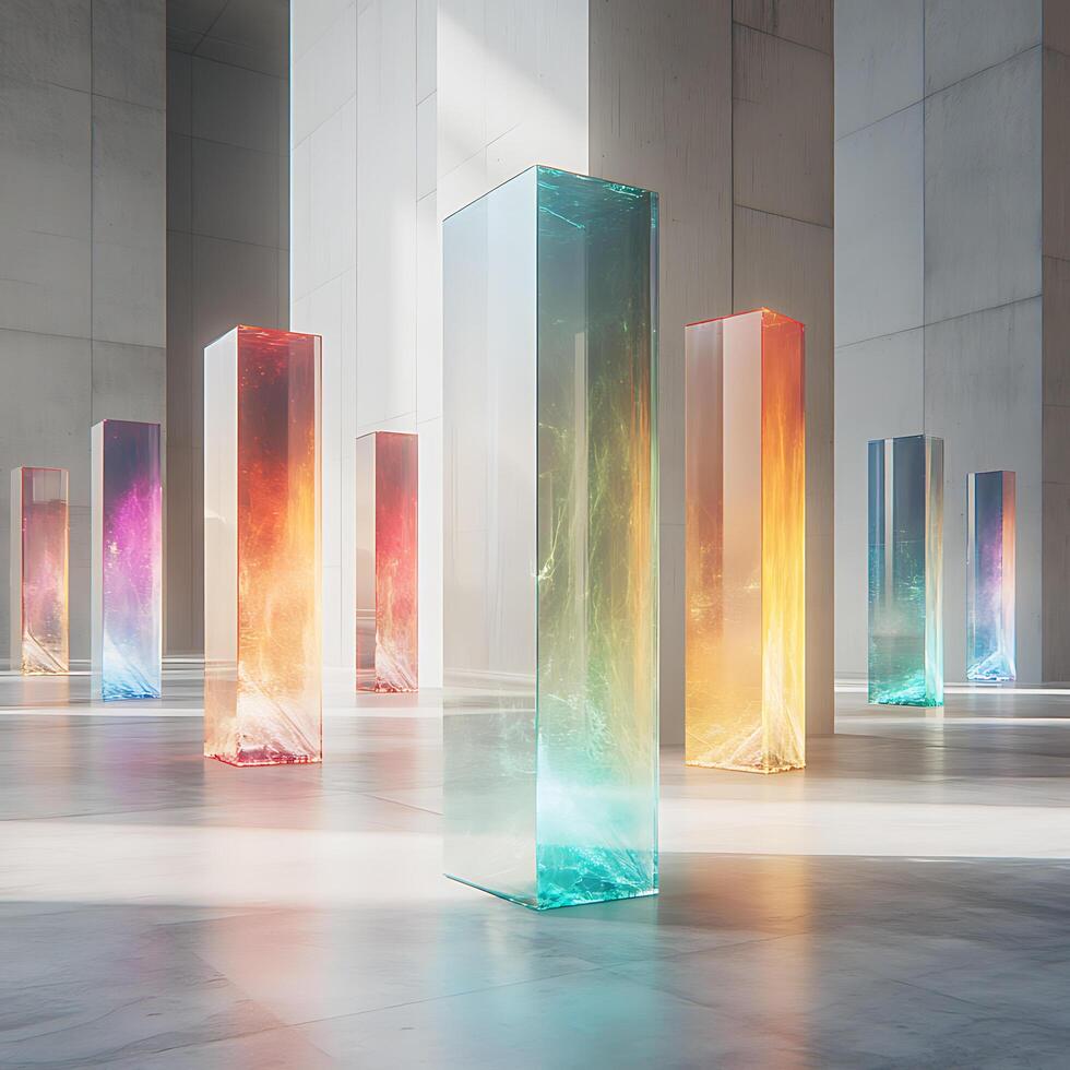 Colorful Transparent Monoliths in a Bright Modern Interior Space photo