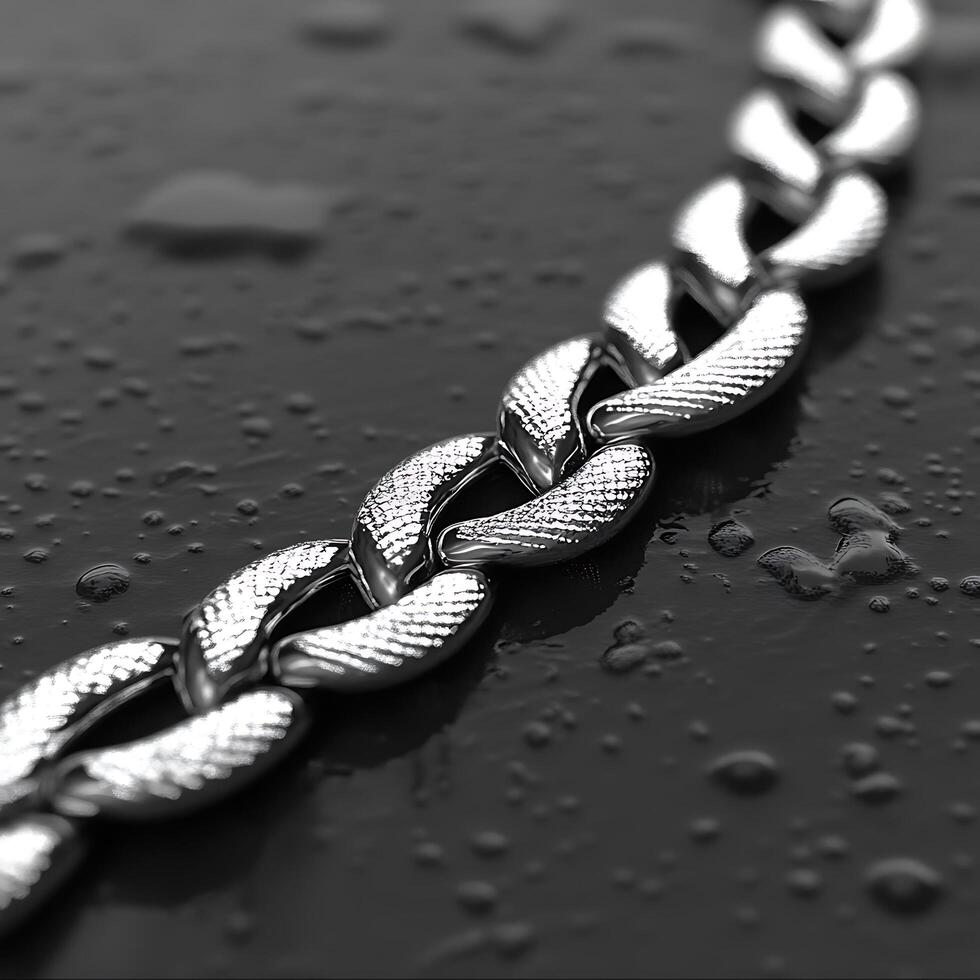 Close-Up of Polished Steel Chain Links on Wet Dark Surface photo