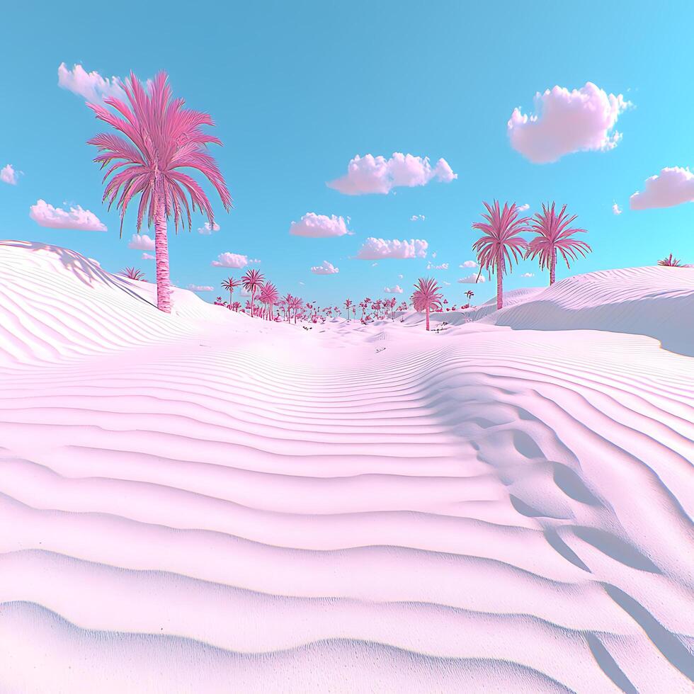 Fantasy Landscape with Pink Dunes and Palm Trees in Daylight photo