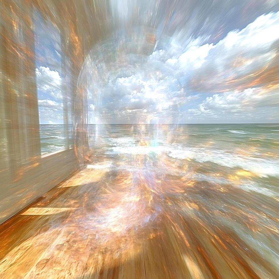 Surreal Ocean View with Lightburst Through Window and Cloudy Sky photo