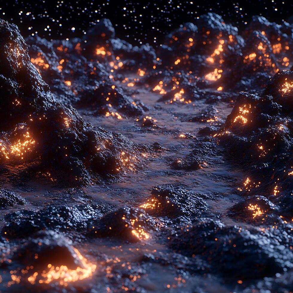 Glowing Lava Landscape Beneath a Starry Night Sky photo