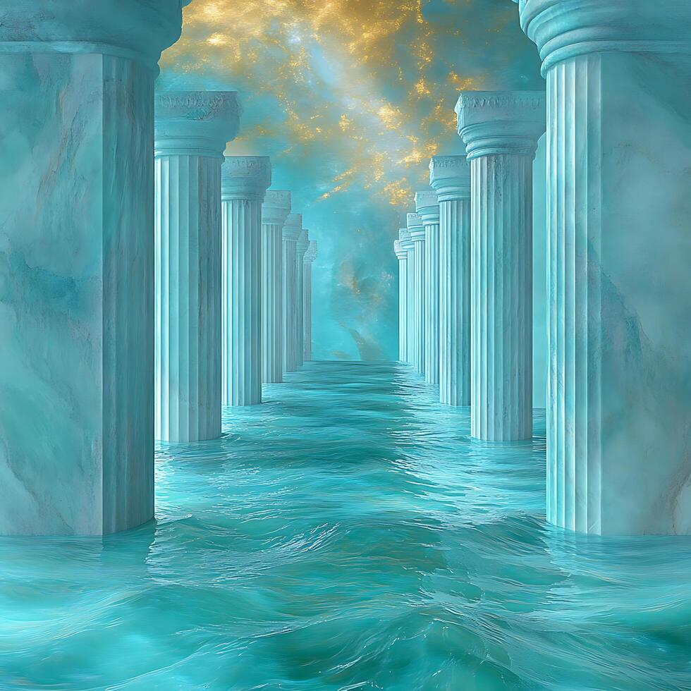 Ancient Marble Columns in Mystical Water Under Glowing Sky photo