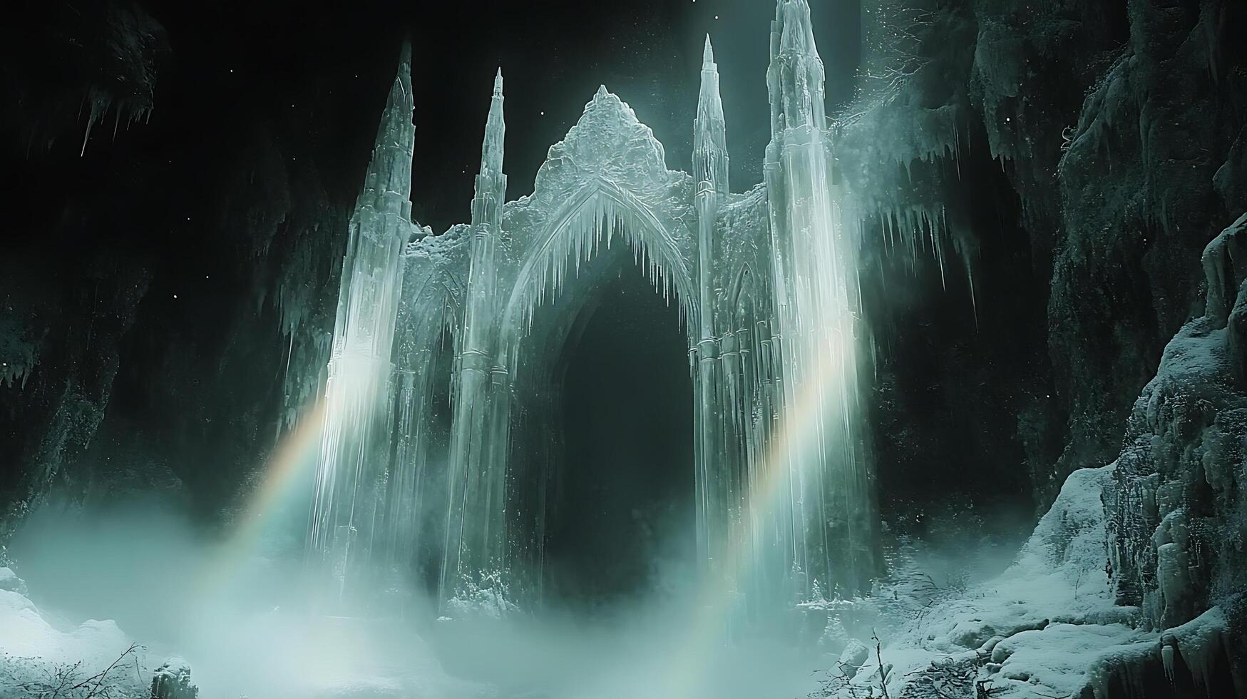 Ethereal Frozen Cathedral with Radiant Ice Arches Amidst Glistening Snowfall photo