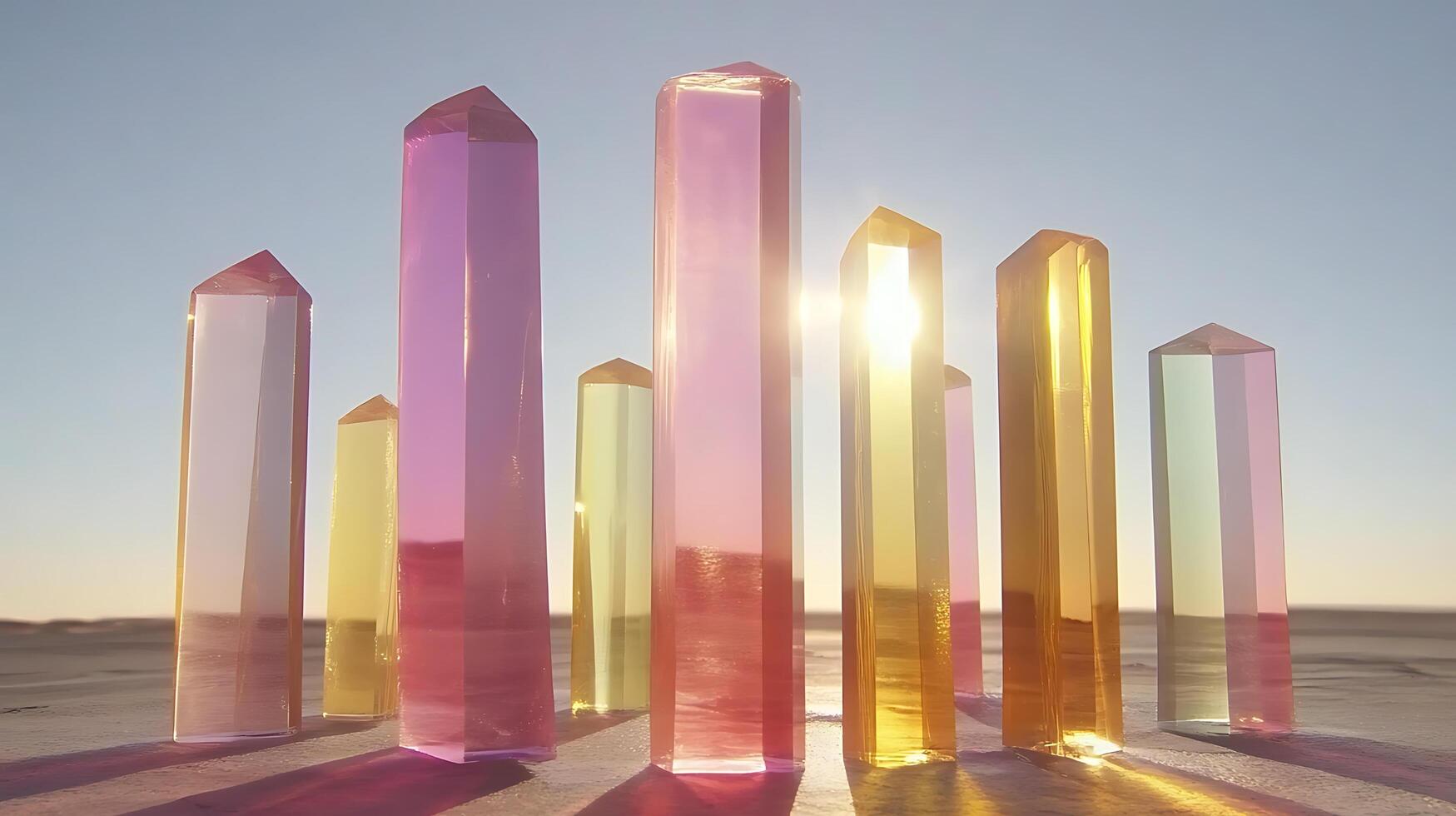 Colorful Crystal Towers in Sunlit Desert Landscape photo