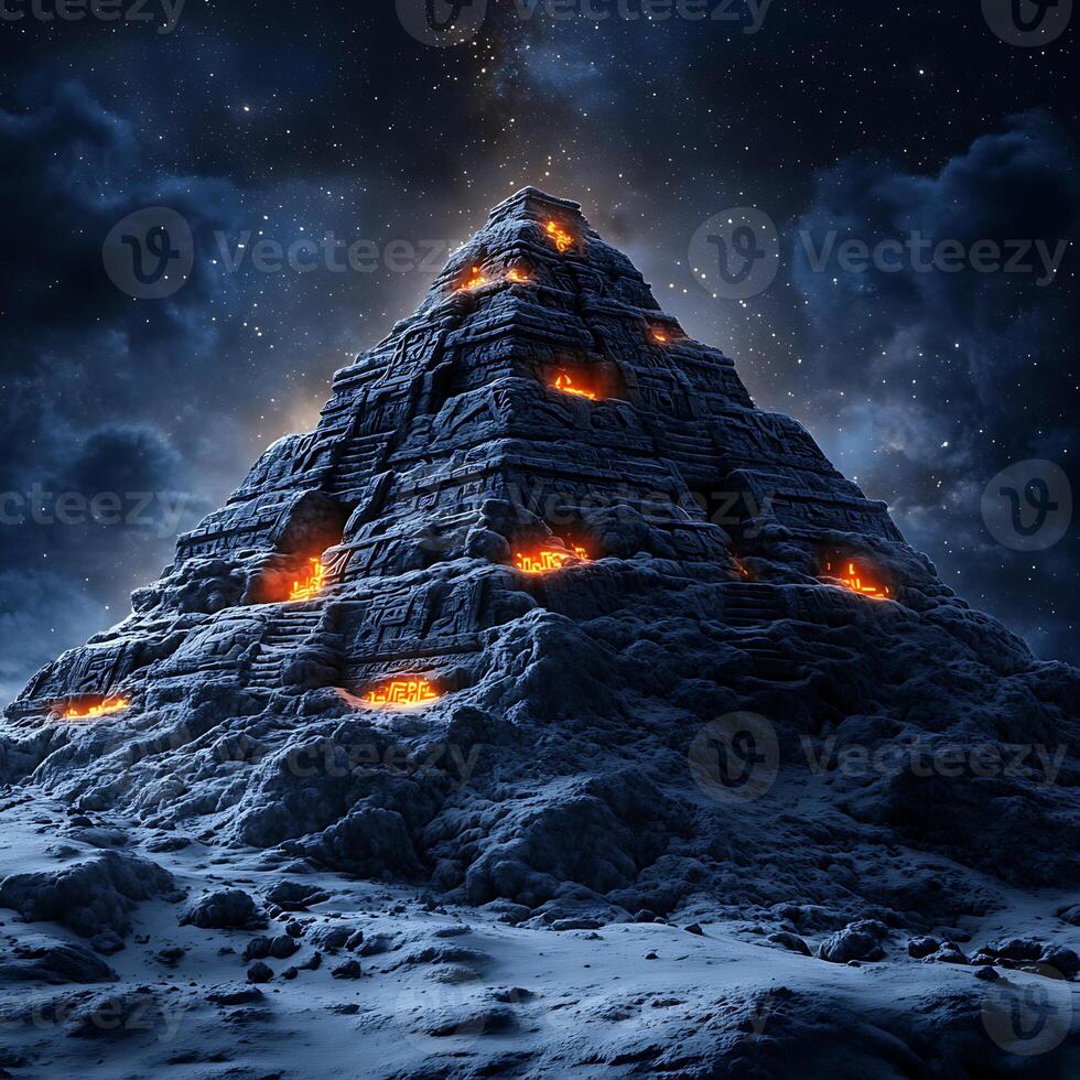 Illuminated Ancient Stone Pyramid Under a Starry Night Sky photo