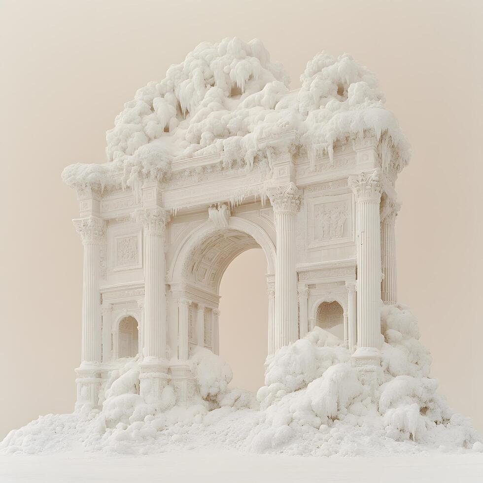 Frozen Ancient Archway Covered in Snow and Icicles photo