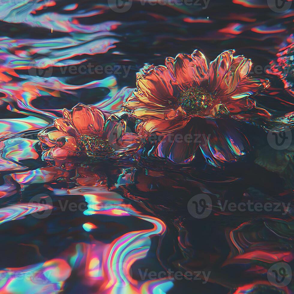 Vivid Floral Blooms Floating on Reflective Liquid Surface with Abstract Colors photo