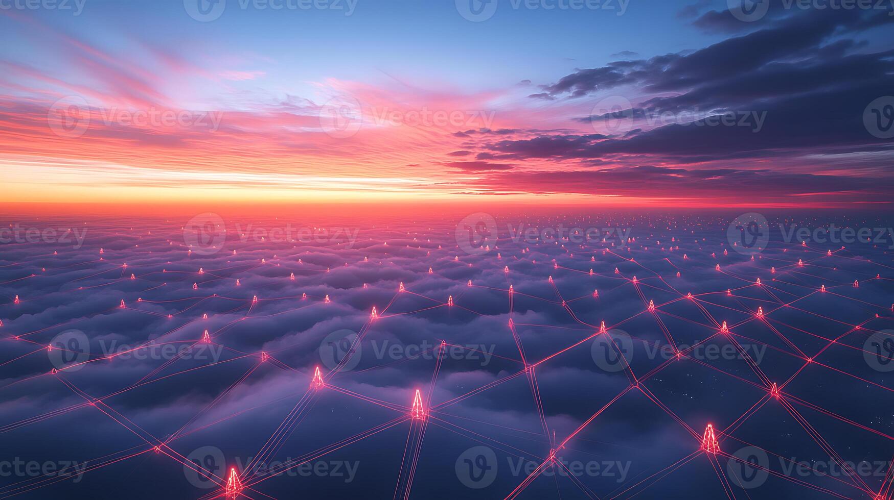 Digital Network Visualization Over Clouds During a Sunrise photo