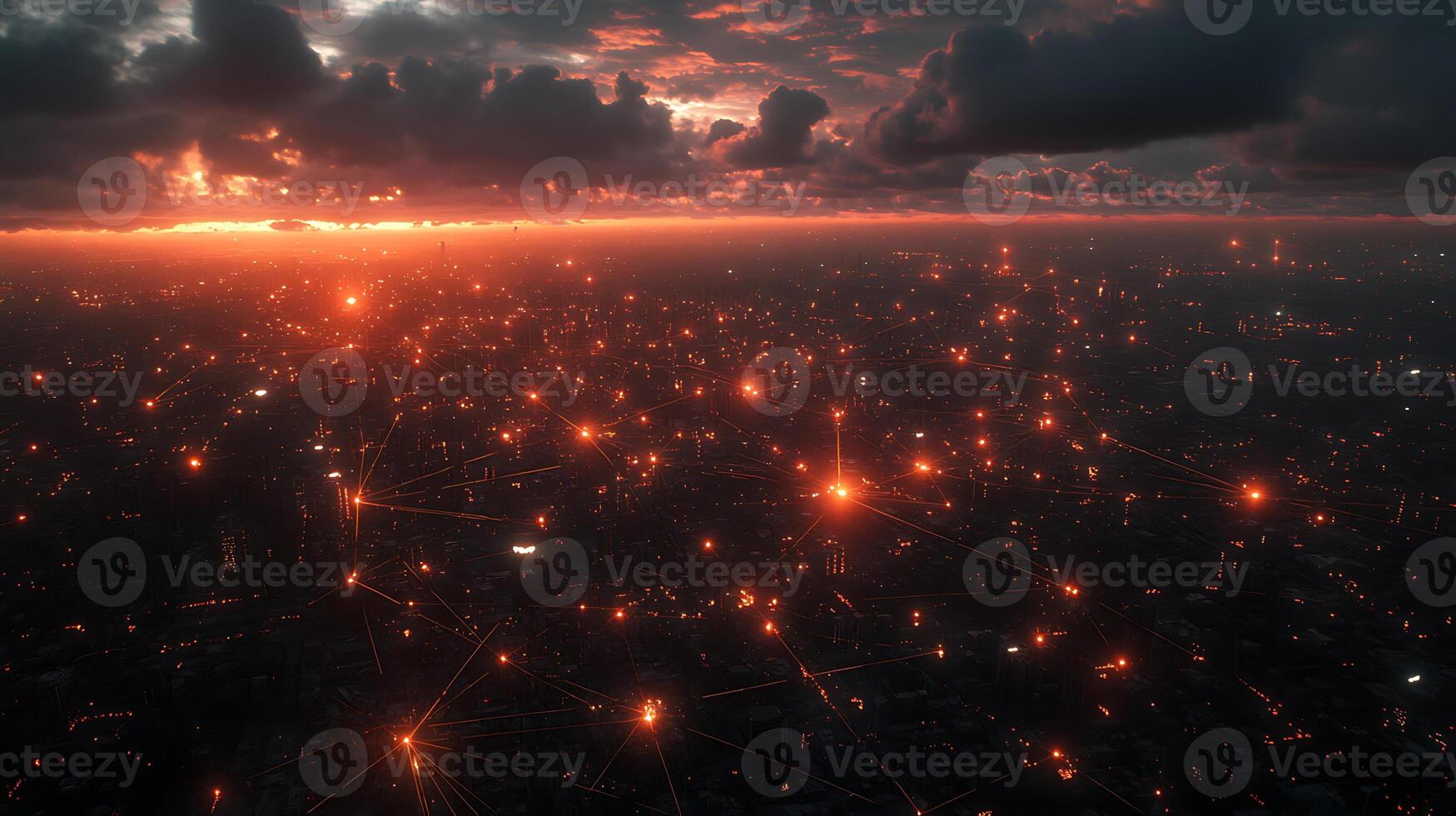 Vivid Sunset With Illuminated Network Over Urban Cityscape photo