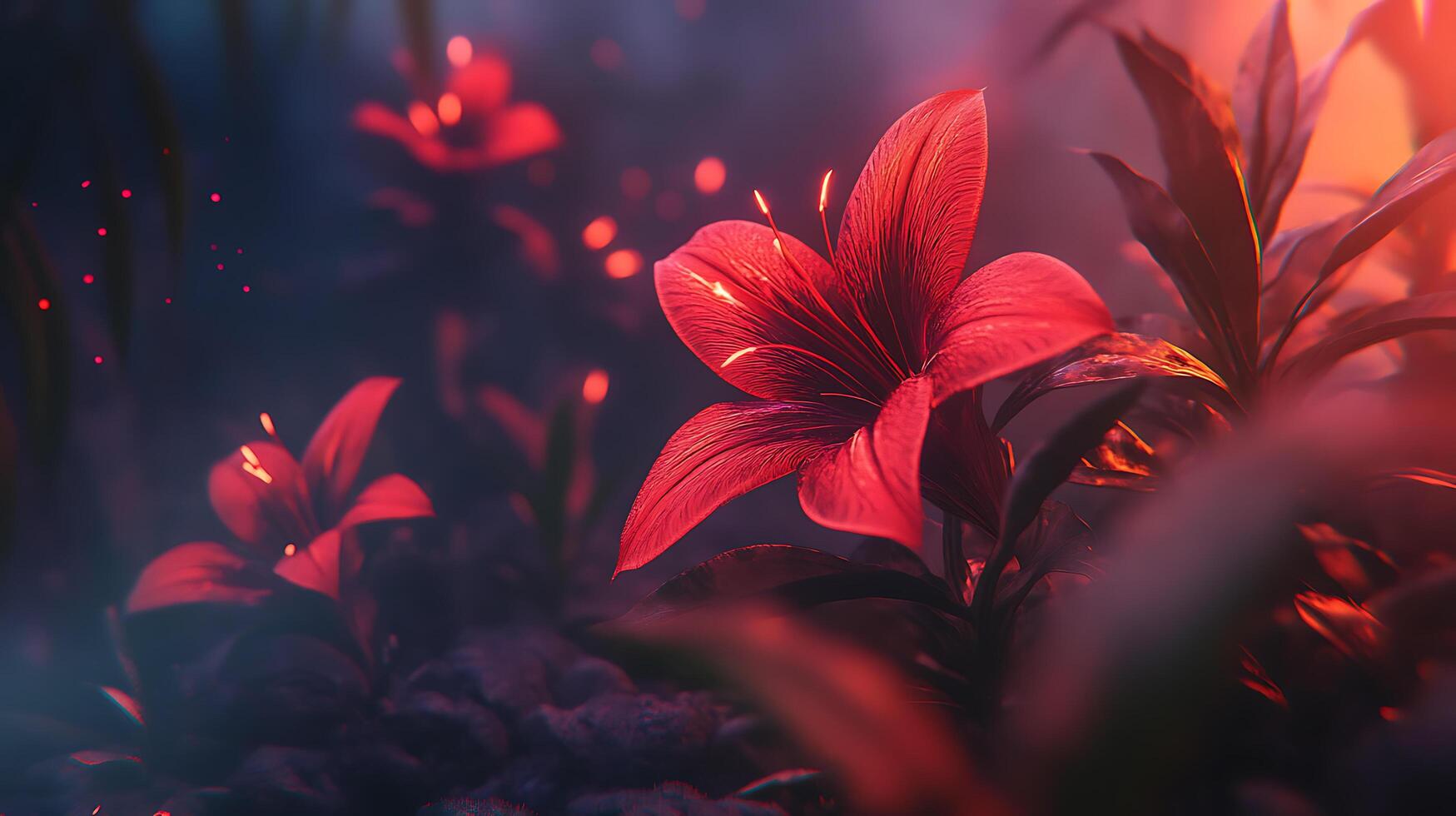 Close-Up of a Vibrant Red Lily in a Glowing Mystical Landscape photo