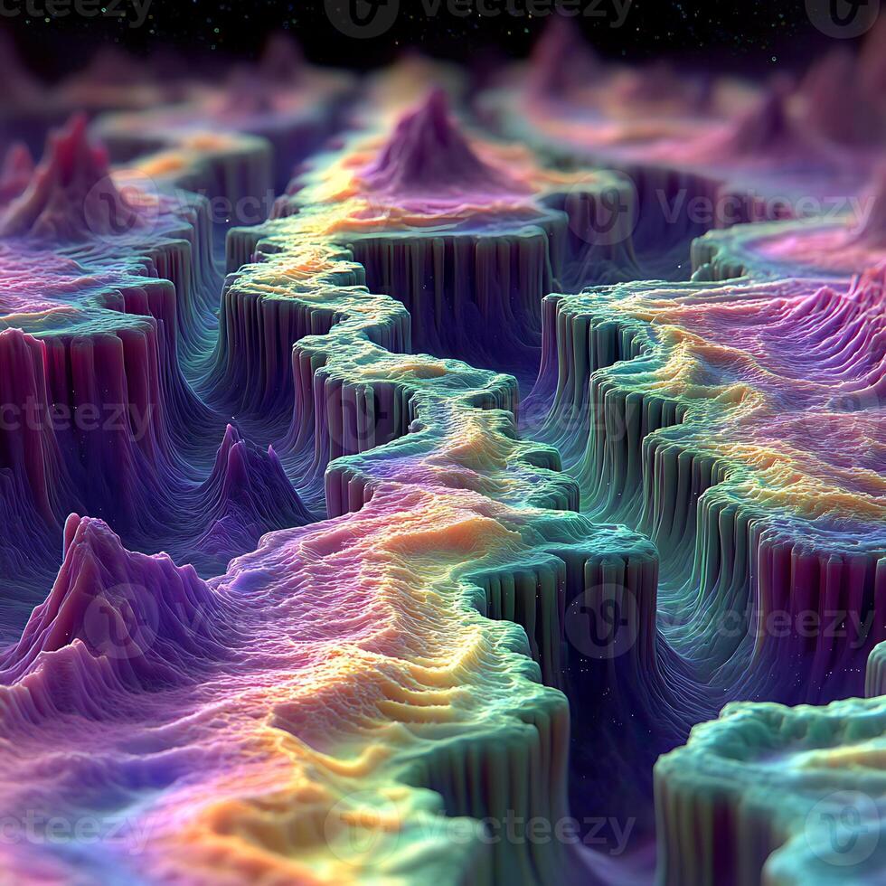 Vibrant Abstract Landscape with Colorful Textures and Unique Peaks photo