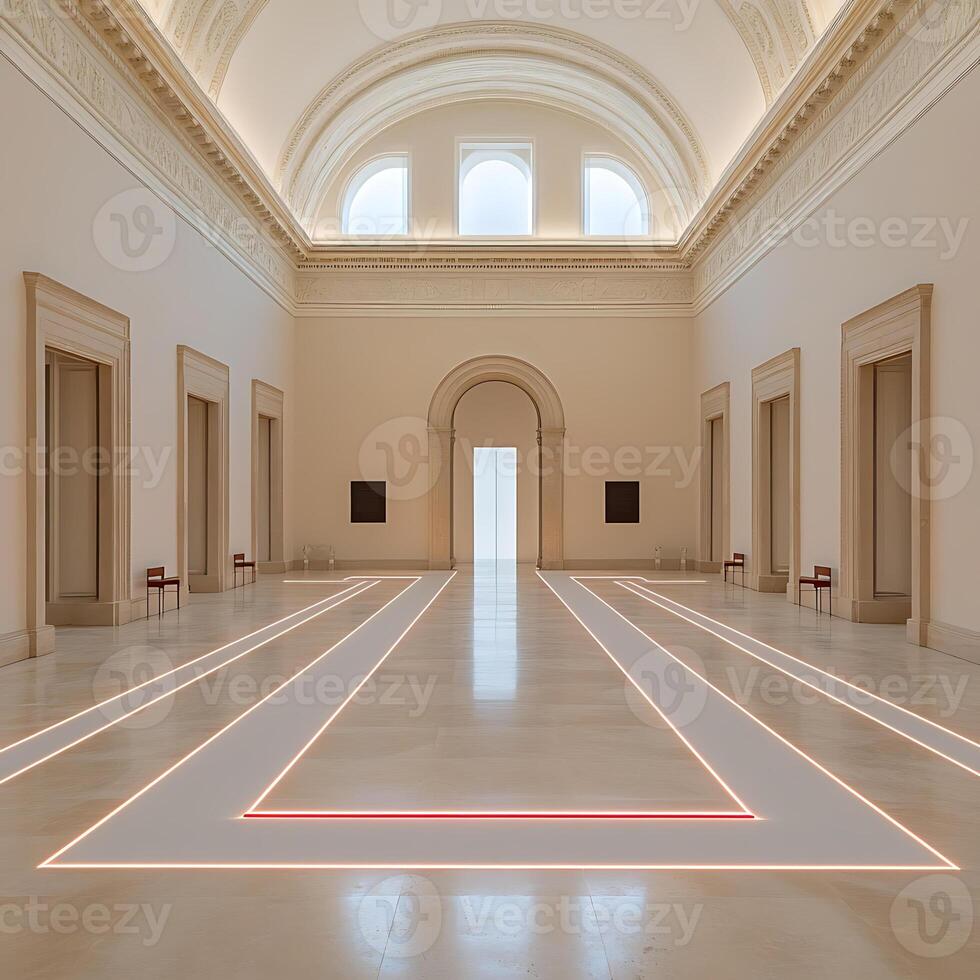 Spacious Minimalistic Gallery with Illuminated Path and Architectural Details photo