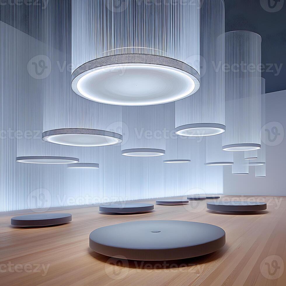 Modern Art Installation Featuring Circular Hanging Lights and Wooden Floor Design photo