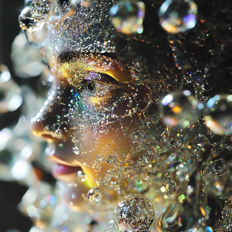 Ethereal Portrait with Glittering Crystals and Shimmering Vibrant Reflections photo