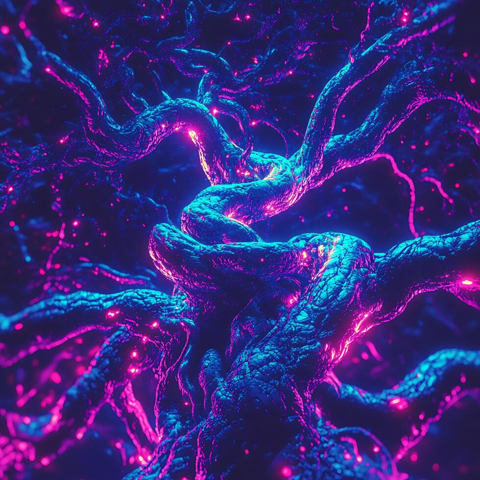 Vivid Fractal Roots Glowing with Neon Lights and Abstract Shapes photo