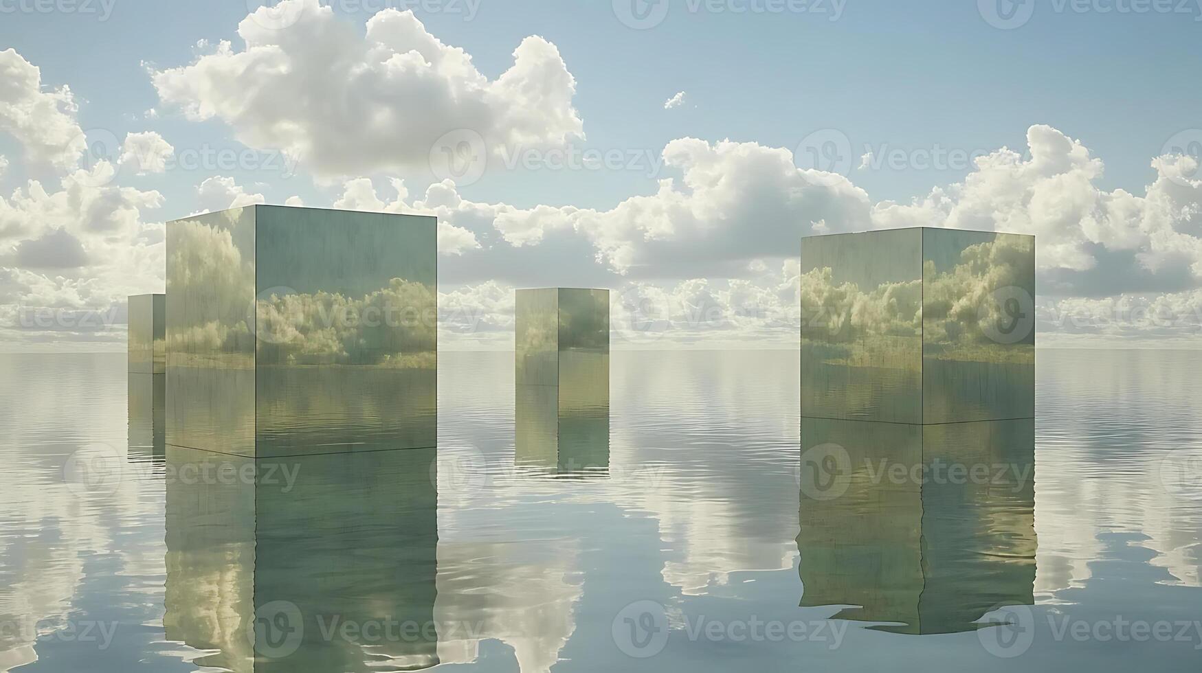 Mirror-Like Cubes Floating on Reflective Water Against a Cloudy Sky photo