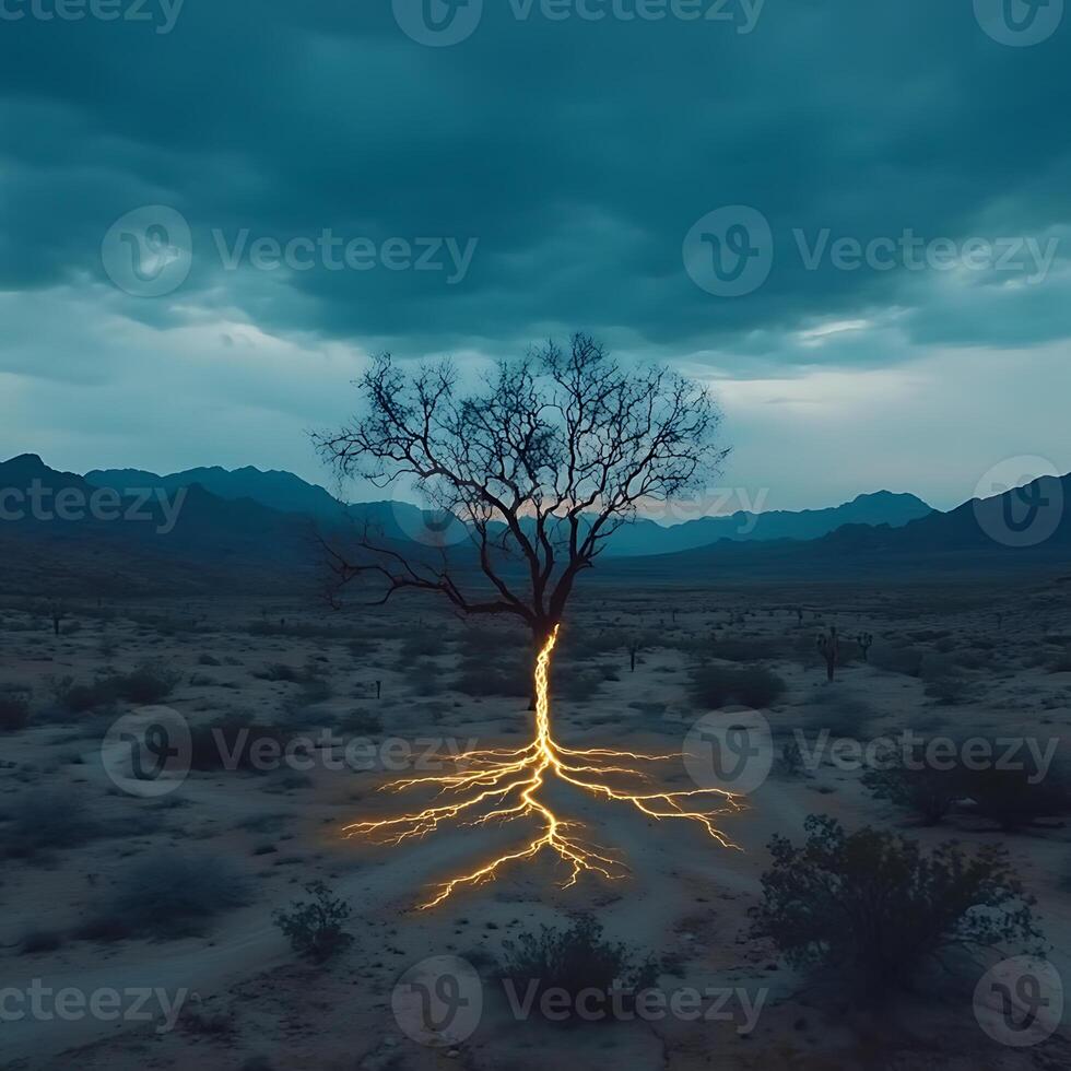 Illuminated Tree with Lightning-Shaped Roots in a Moody Desert Landscape photo