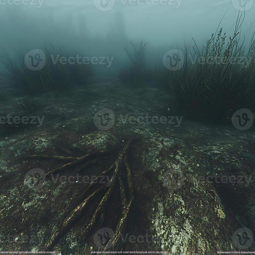 Submerged Roots in a Foggy Underwater Landscape with Vegetation photo