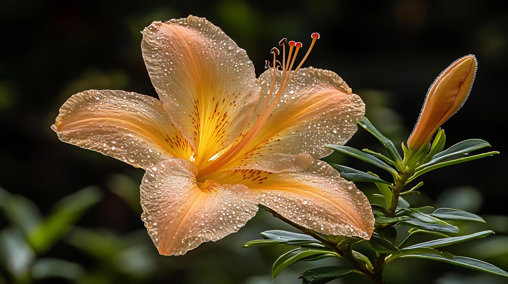 Vibrant Peach Lily Bloom with Dewdrops Highlighting Nature's Elegance photo