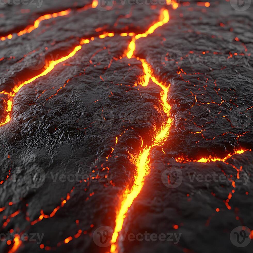 Molten Lava Flowing Through Cracks in Dark Volcanic Rock Surface photo