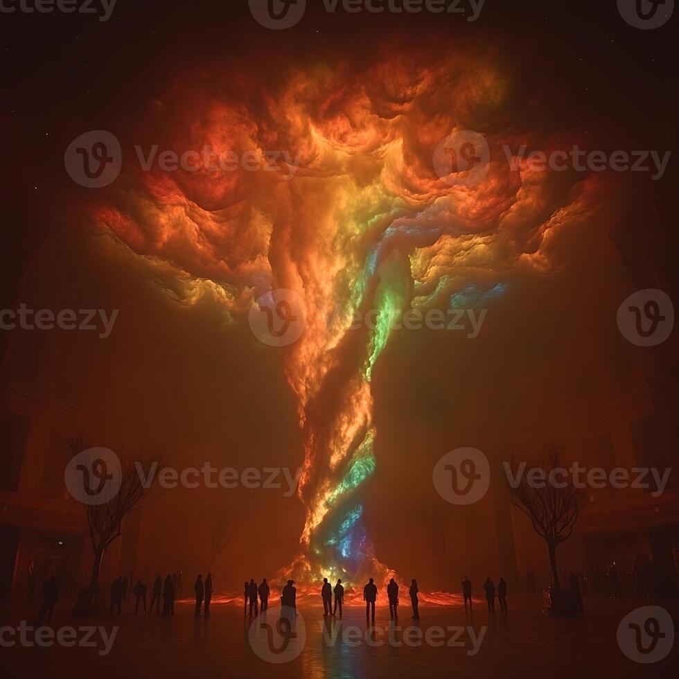 Silhouetted Figures Observe a Vibrant Tornado of Colors in Majestic Scene photo