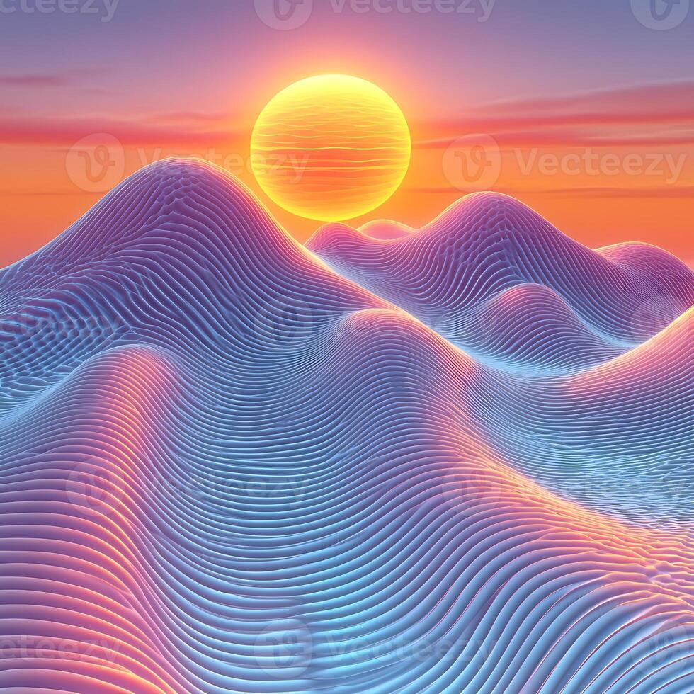 Vibrant Abstract Horizon With Sun Setting Over Layered Iridescent Waves photo