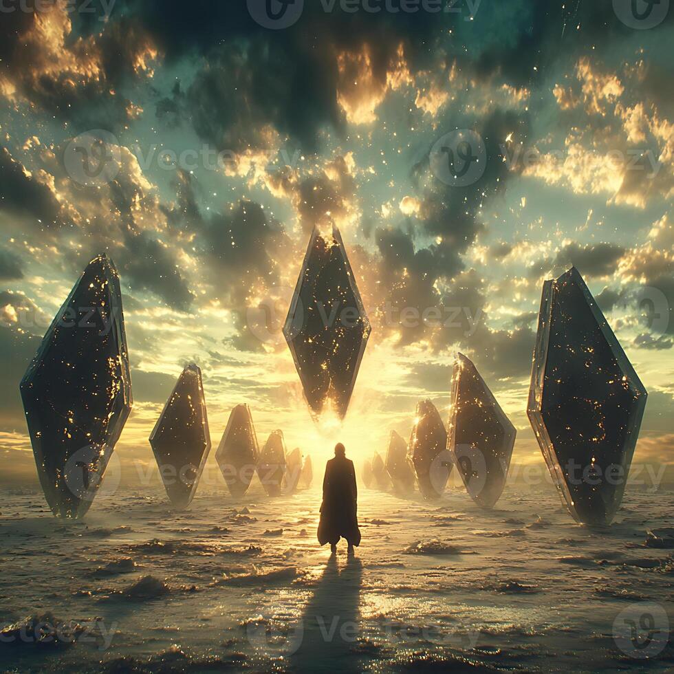 Mysterious Figure Amid Floating Crystals on a Vast Magical Landscape photo