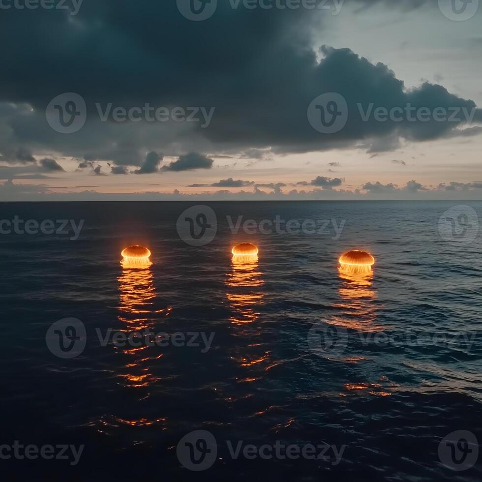 Illuminated Jellyfish Floating on the Ocean Under a Dramatic Sky at Dusk photo