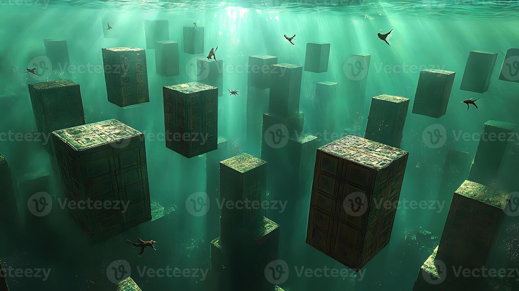 Surreal Underwater Scene with Fish and Floating Geometric Blocks photo