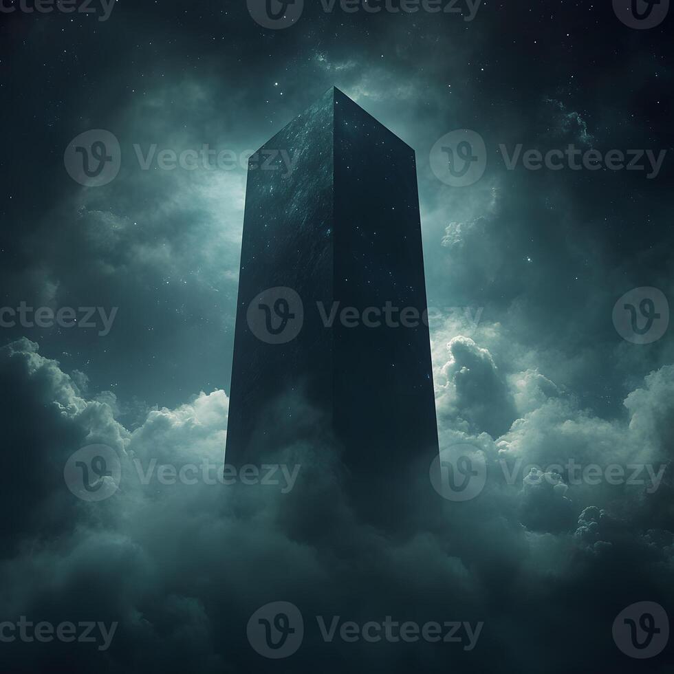 Mysterious Monolith Emerging Amid Enigmatic Clouds and Starry Night Sky photo