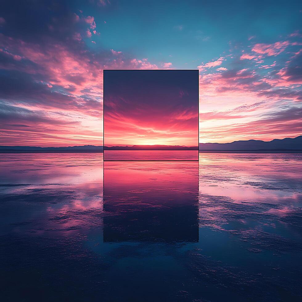 Surreal Landscape with Vibrant Sunset Reflected in Tranquil Water Surface photo