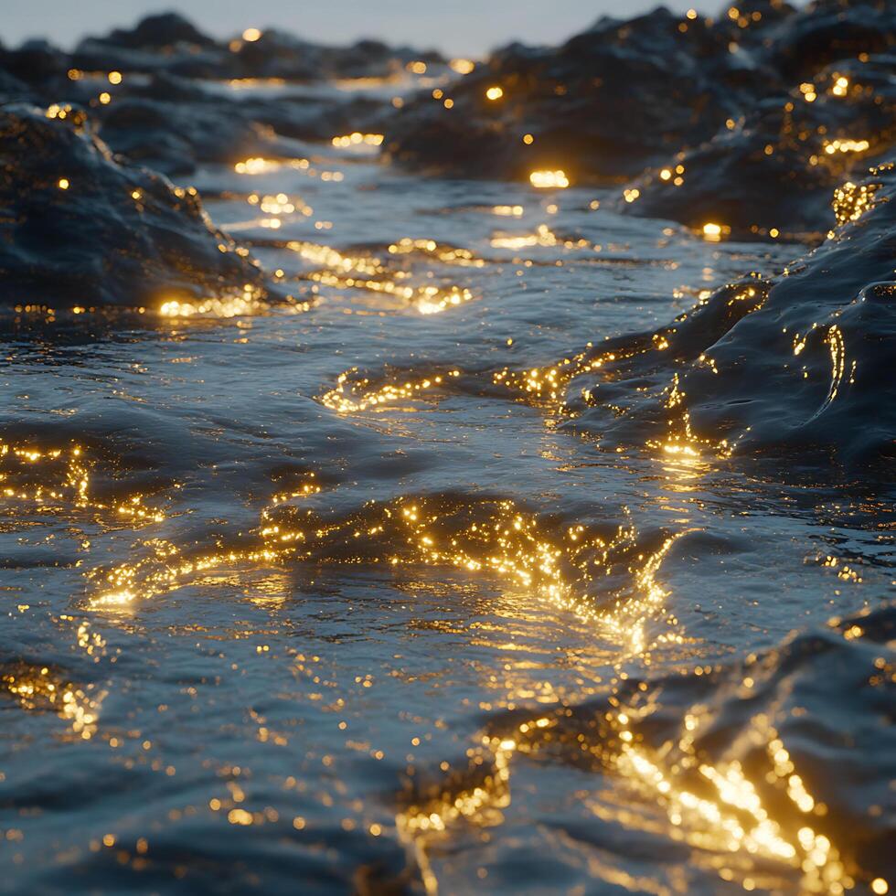 Golden Light Reflections on Rippling Water Among Coastal Rocks at Dusk photo