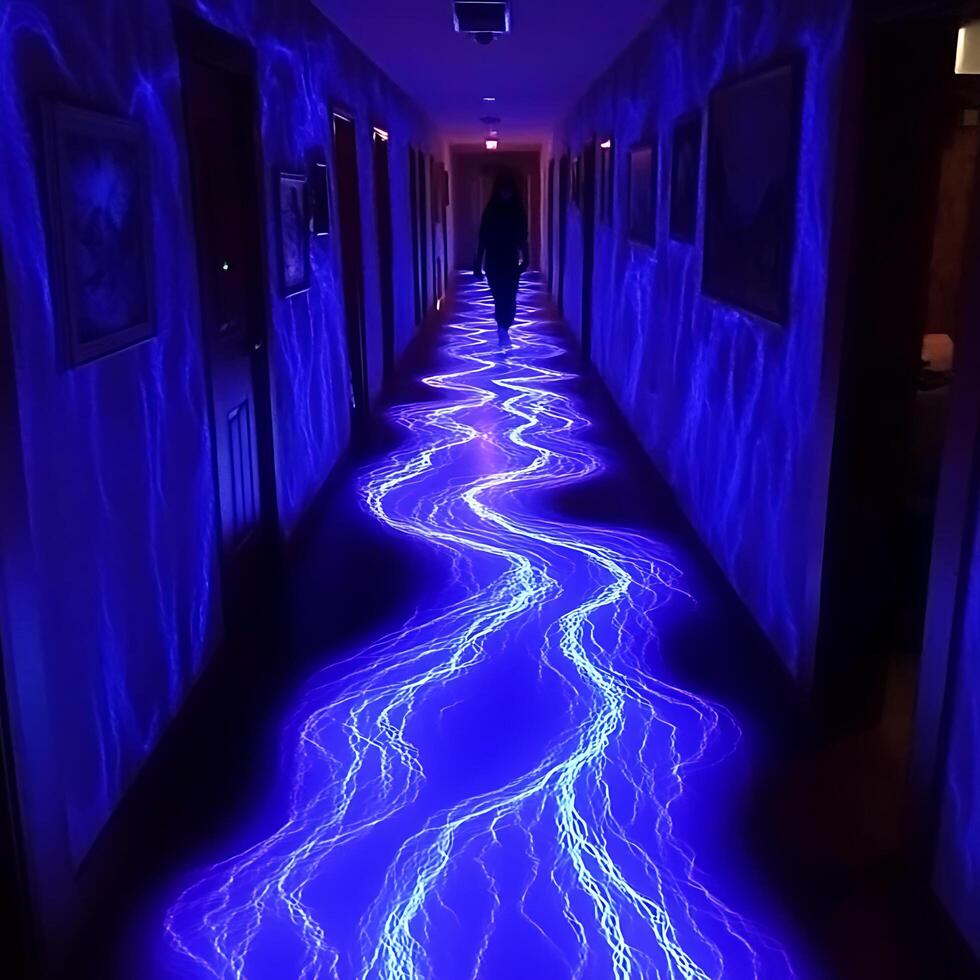 Mysterious Corridor With Illuminated Blue Lightning Pattern Glowing on Floor photo